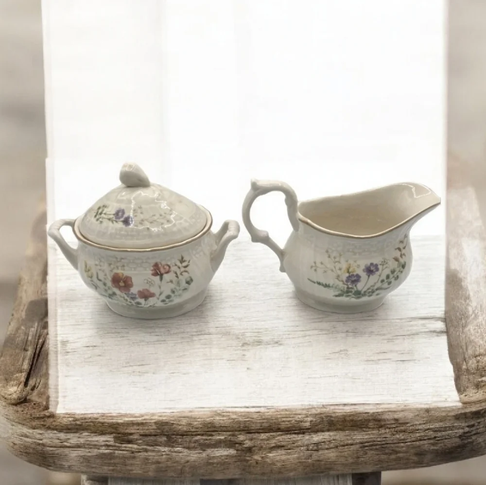 Mikasa Margaux sugar bowl creamer set D1006 Wildflowers Floral Ivory White Weave